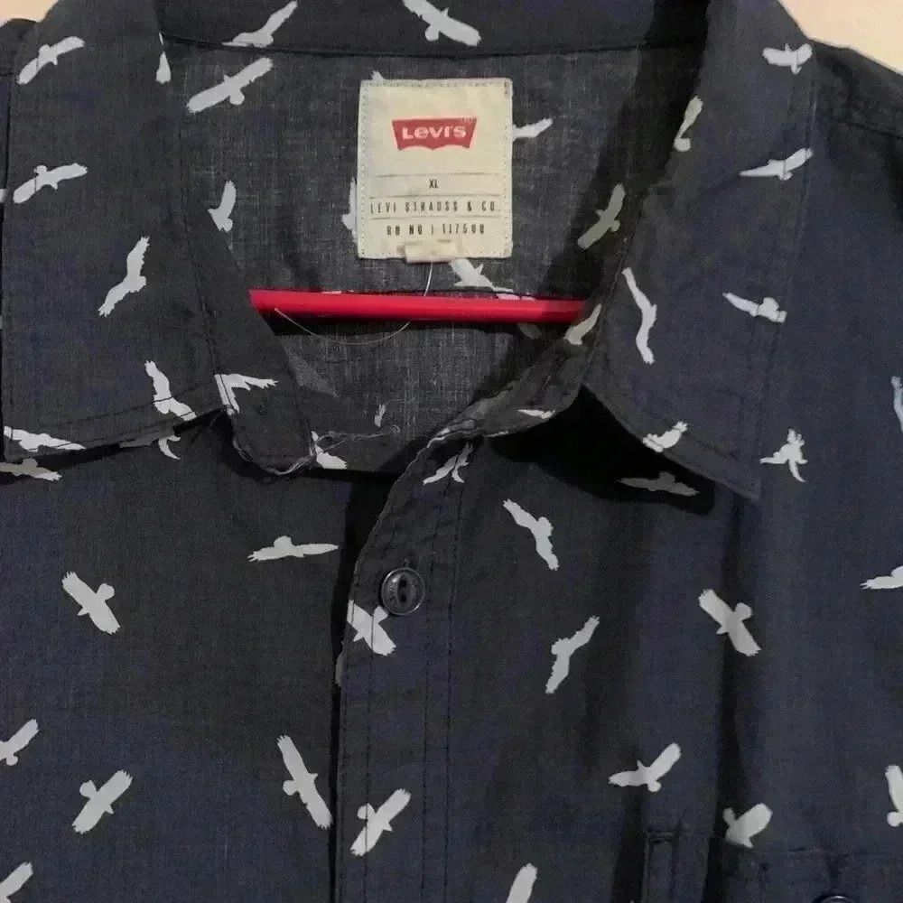 American Eagle Mens Short Sleeve Button Up Navy with White Eagles - Picture 2 of 4